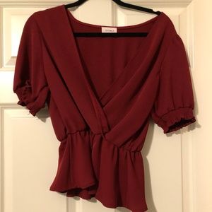 Burgundy Deep V Cinched Waist Blouse